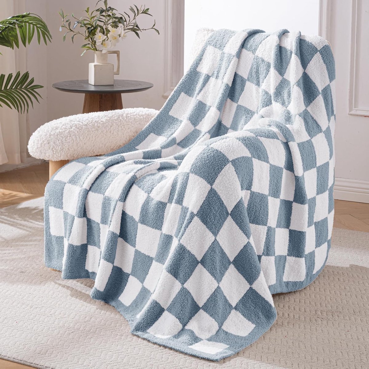 Famanu Gebreide fleece plaid (130 x 150 cm) in steenblauw, ultra zacht en warm, voor het hele jaar Neutraal