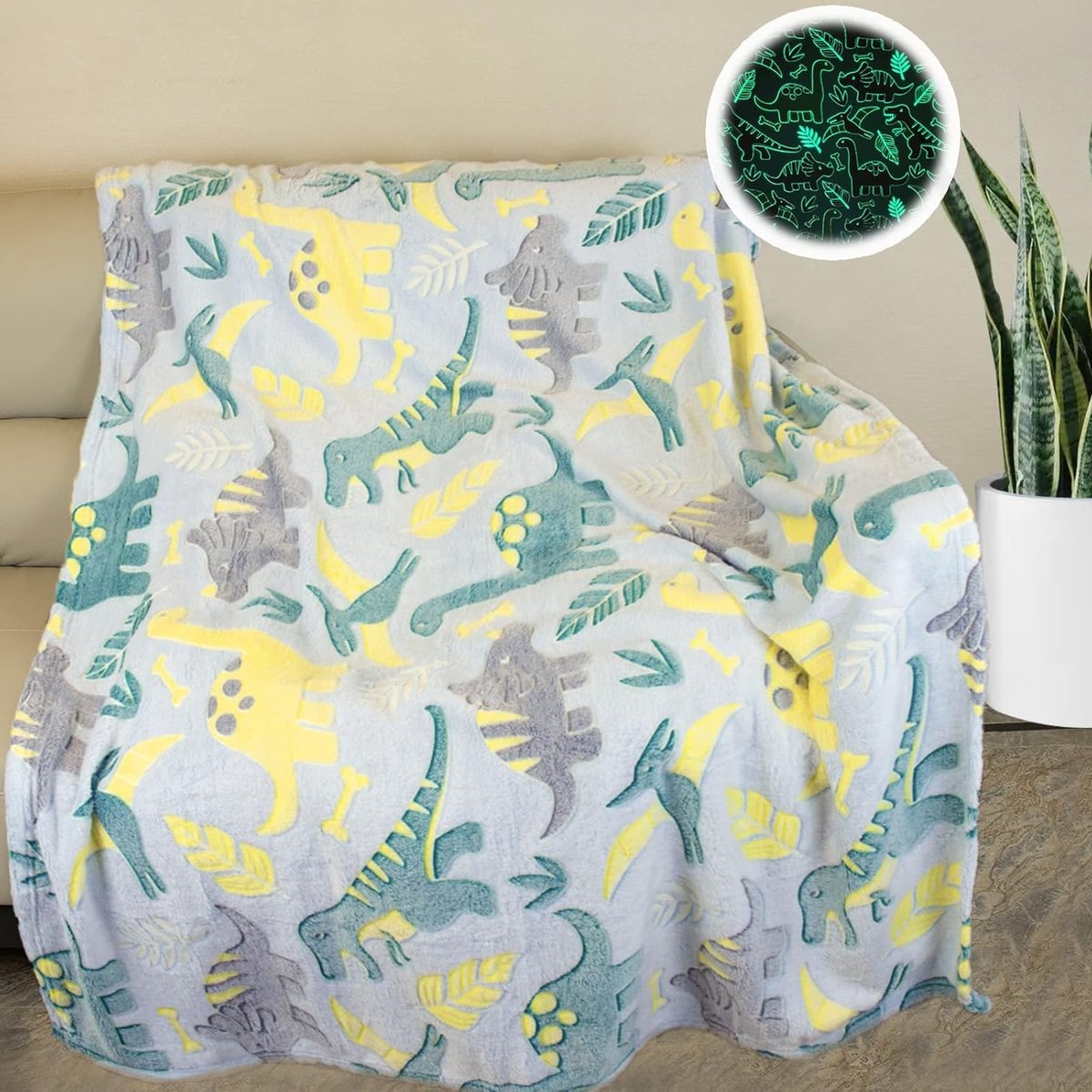 Zachte Dino Dekentje voor Kinderen, Glow in the Dark, Fluffy Microfiber, Perfect als Cadeau voor Dino Fans, 130 x 150 cm