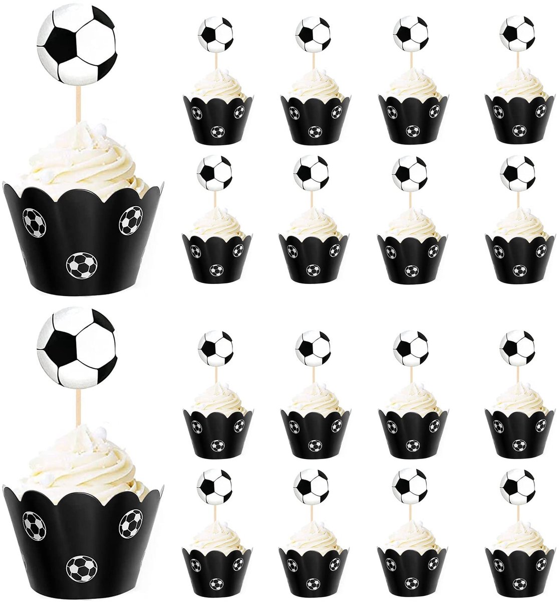 Dailygoods - Muffins Decoratie: 36 Stuks Voetbal Cupcake Topper & Wrapper voor Kinderen Verjaardagsfeest, Babyshower & Taartdecoratie