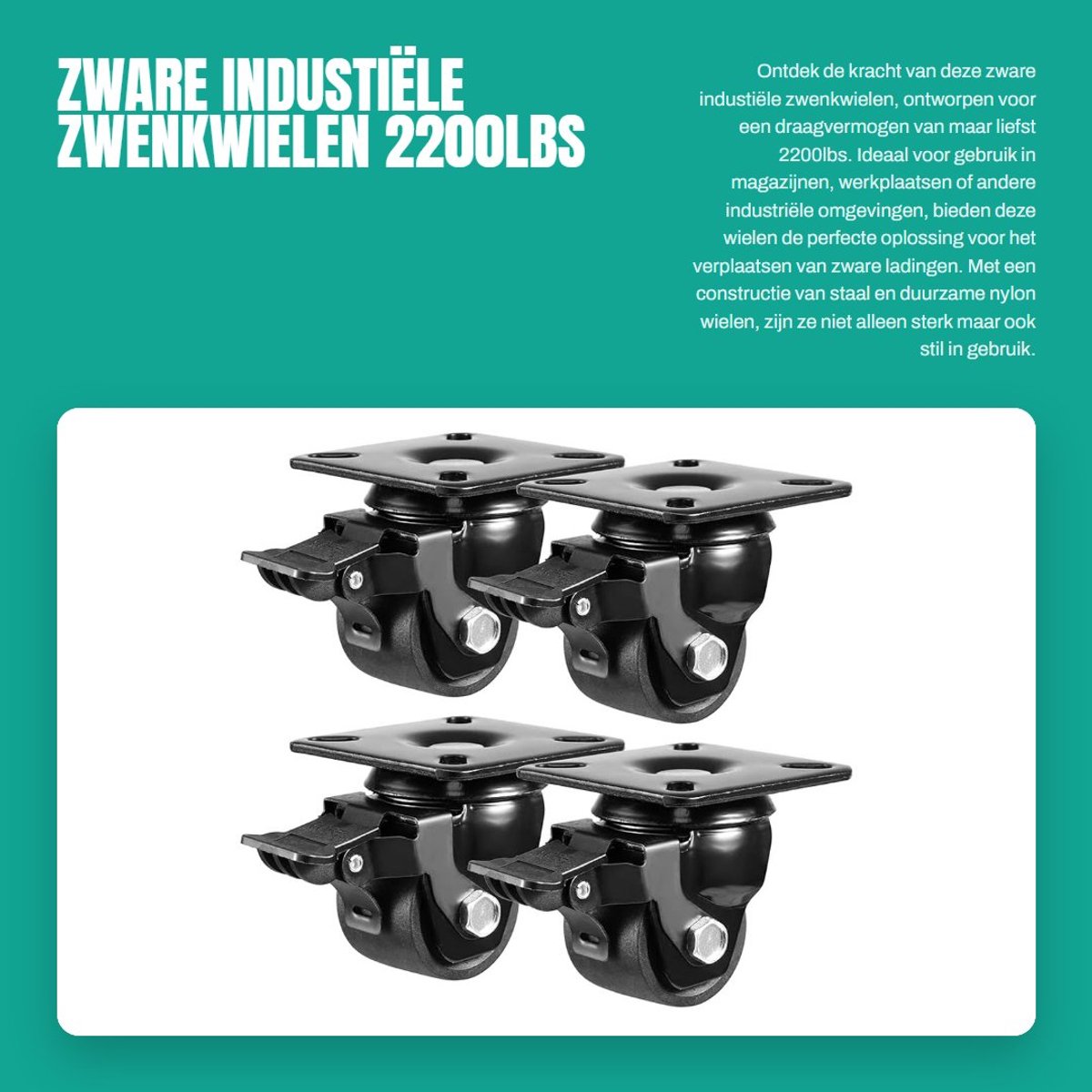 Zware zwenkwielen 50 mm - 4 remmen - Meubelwielen tot 1000 kg - Nylon - Stil en robuust - Industrie werkplaats