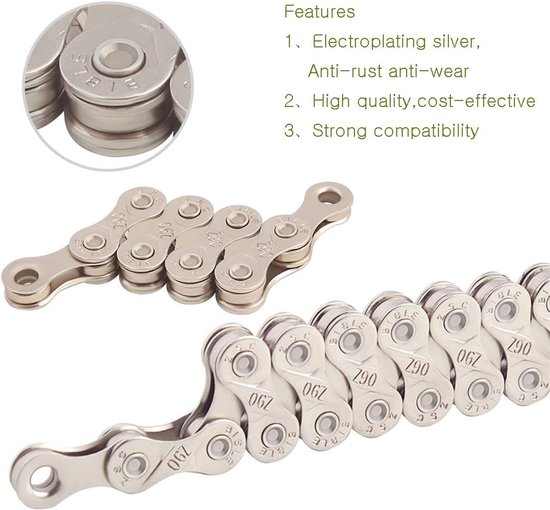 Zilveren electroplated fietsketting met 116 schakels. Roestbestendig, slijtvast, hoge kwaliteit, sterke compatibiliteit.