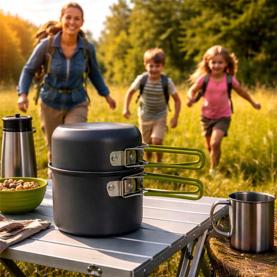 Camping kookset - Kookgerei - Inclusief bestek - Outdooruitrusting - Geschikt voor 1-2 personen - Draagbaar kookgerei voor kamperen - Geschikt voor kamperen, buitenactiviteiten, wandelen, picknicks en barbecues - Groen - Aluminiumlegering — afbeelding 4