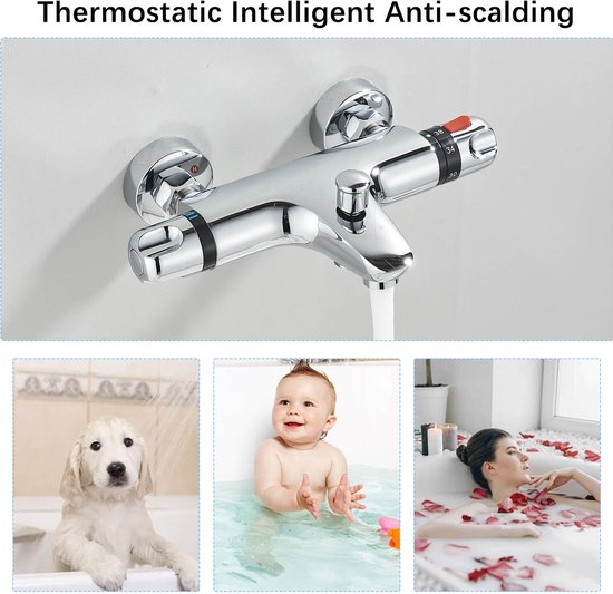 Thermostatische douchekraan met afbeeldingen van een hond, baby en vrouw in bad, met de tekst 'Thermostatic Intelligent Anti-scalding'.
