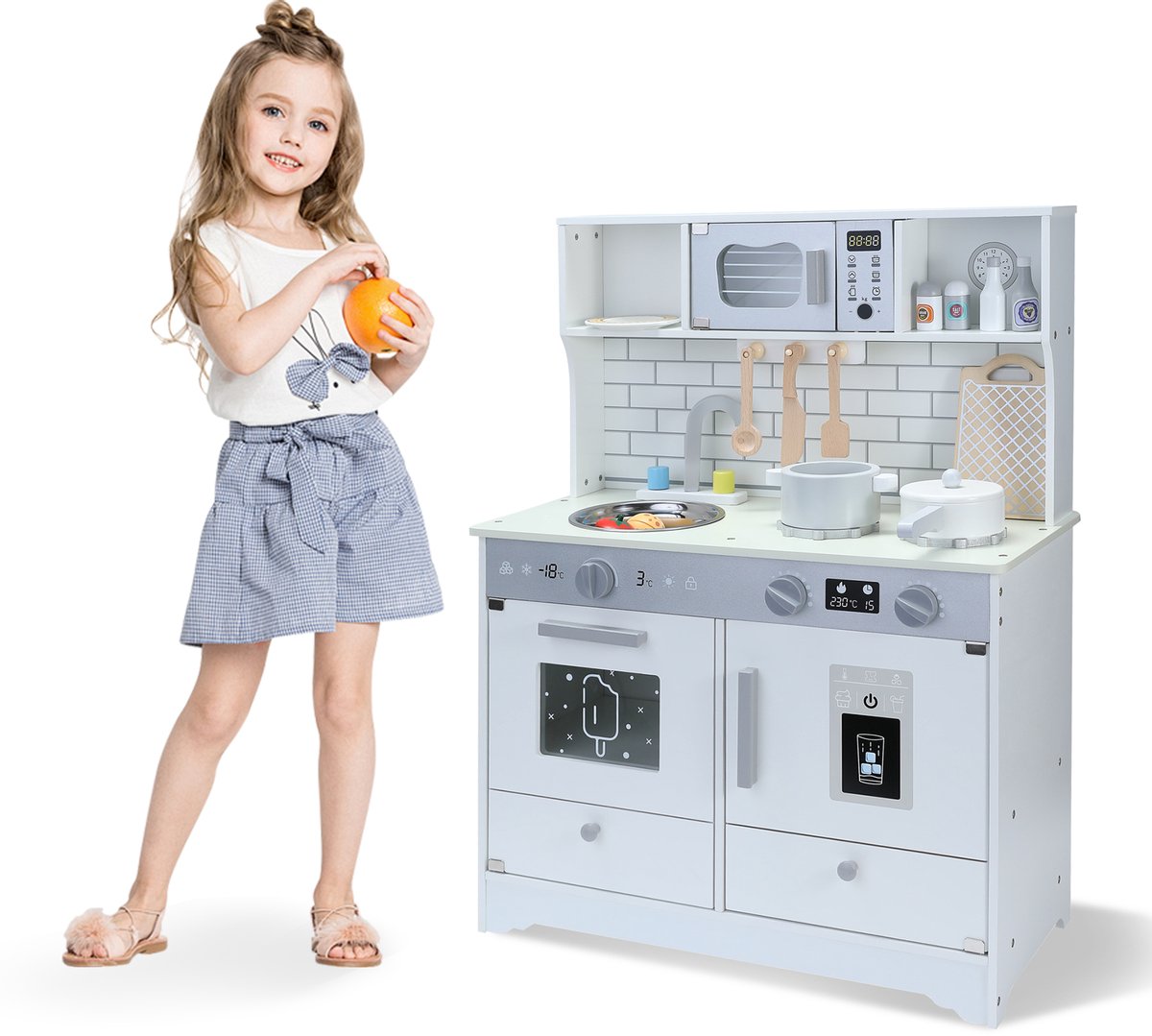 HomeMiYN Speelgoed Keuken – Kinderkeuken Hout in Japanse Stijl Lichtgrijs – Speelkeuken met Oven en Magnetron – Educatief Keukenspeelgoed voor Kinderen
