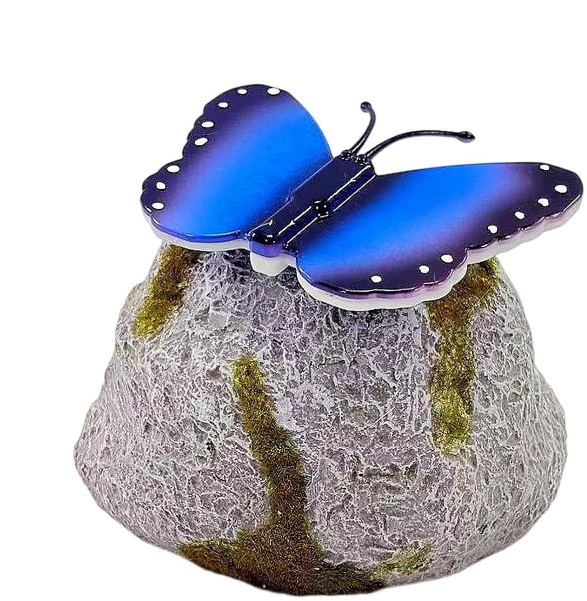 Tuinsteen met LED - Decoratieve steen - Tuin Decoratie - Vlinder Design - 13 x 12 x 10 cm - Blauw