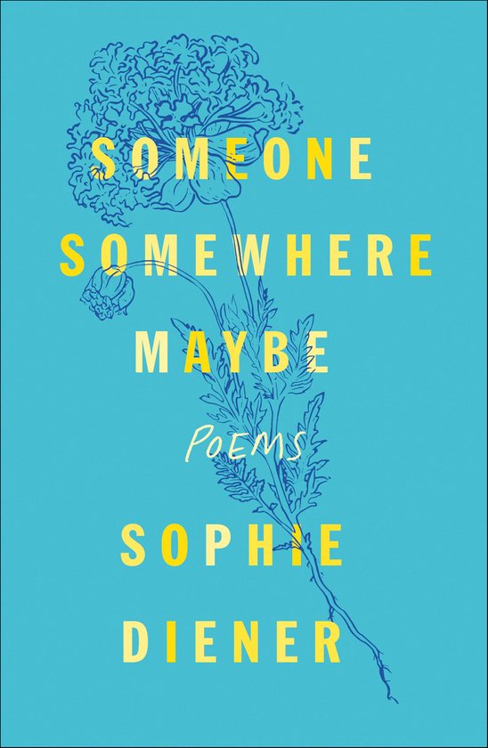 Livre 'Someone Somewhere Maybe' avec une fleur bleue et du texte jaune sur fond turquoise.