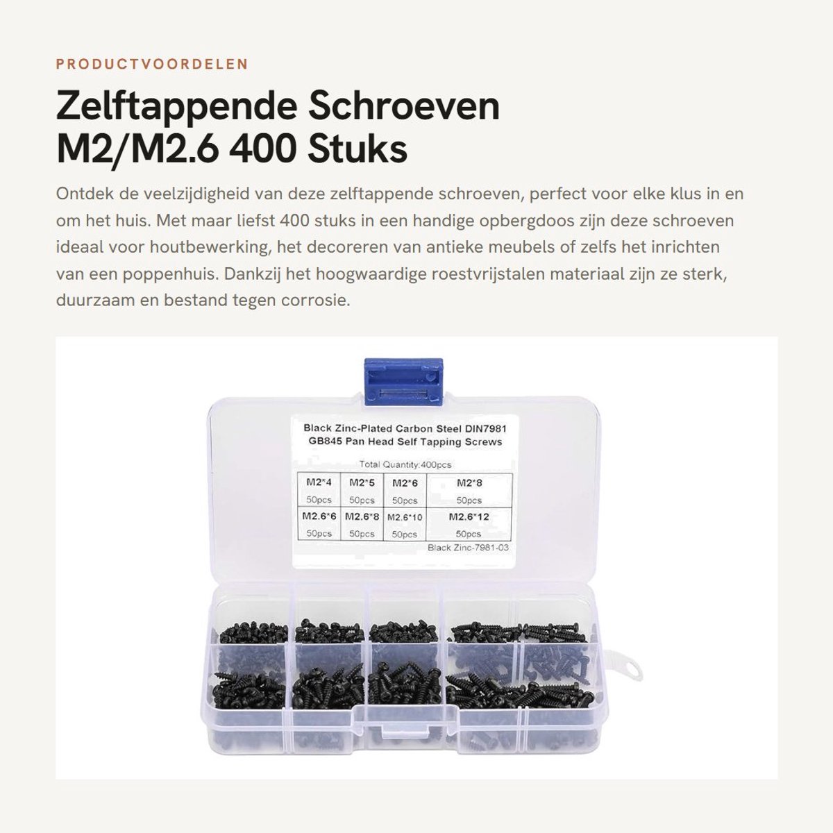 Dailygoods- Zelftappende Schroeven 400 Stks - Roestvrij Staal - Kruiskop - Multifunctioneel - Houten Toepassingen - Inclusief Opbergdoos