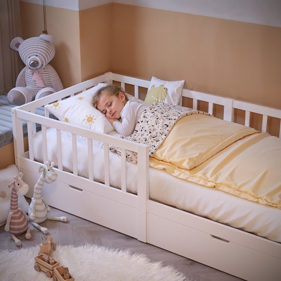 Xbro Lit enfant 90 x 200 cm, Lit au sol Montessori avec protection antichute, Lit simple 90 x 200 cm avec rangement, Blanc