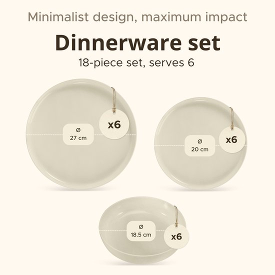 18-delige serviesset voor 6 personen met 3 maten borden: Ø 27 cm, Ø 20 cm en Ø 18.5 cm.