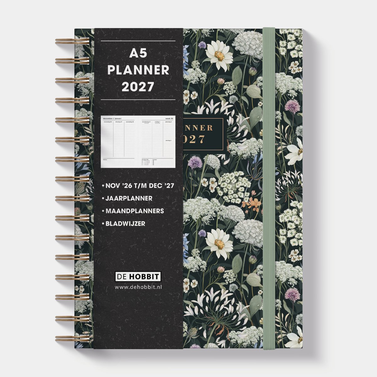 Hobbit - A5 Planner 2027 - A5 (21,7 x 15,5 cm) - Spiraalgebonden - Agenda A5 - 1 week over 2 pagina's - Harde Kaft - Weidebloemen