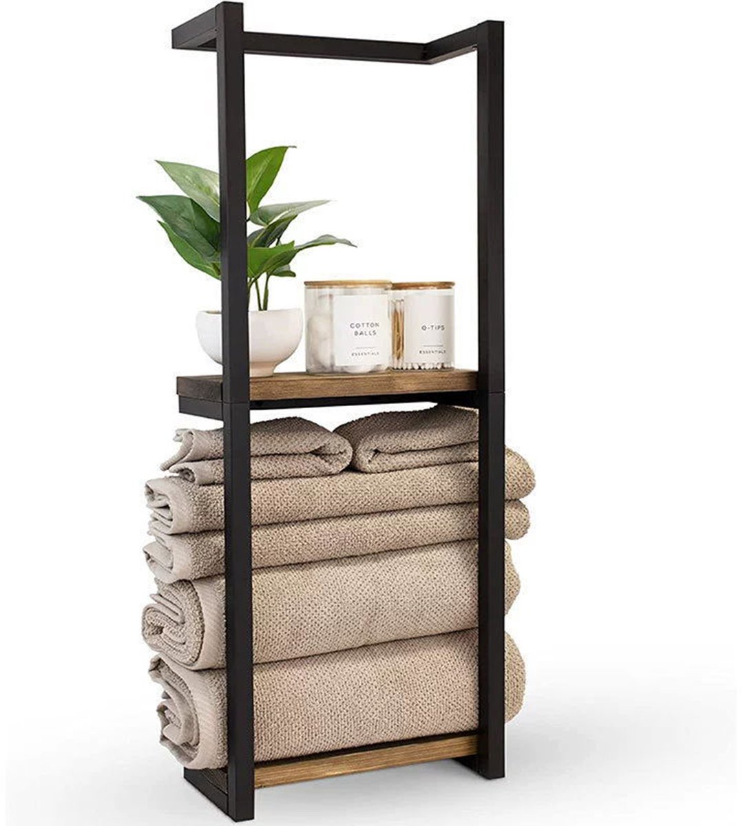 Essentials - Handdoekrek met 2 lagen en houten plank - Wandmontage met boren - Ruimtebesparend voor kleine badkamer - Zwart
