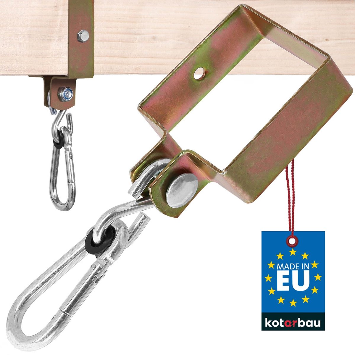 KOTARBAU® Schommelhaak met Karabijnhaak, Verzinkt Staal, 90 x 90 mm, Goud, Schommelhaak, voor Houten Balken, Schommelhaken, Schommel Hanger, Vierkante