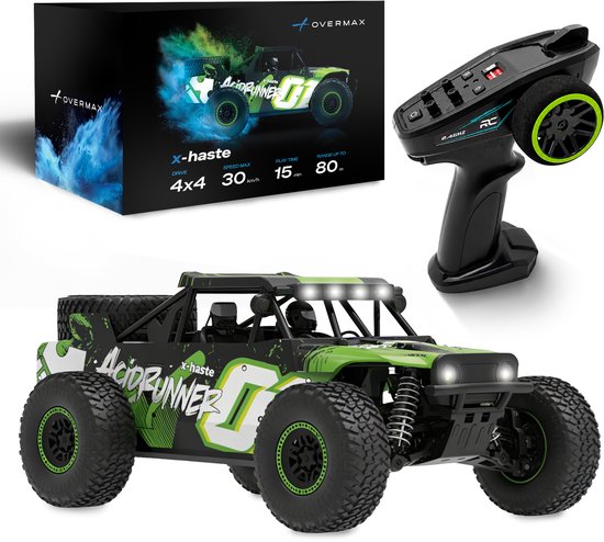 Groene en zwarte 'Acid Runner' RC auto, controller en doos met action shot.