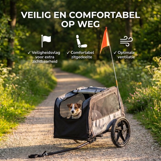 Zwarte en grijze hondenfietskar met een Jack Russell erin, met tekst "VEILIG EN COMFORTABEL OP WEG".