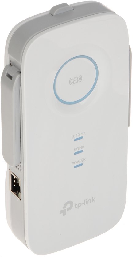 Witte TP-Link WiFi-range-extender met blauwe led-indicatoren voor 2.4GHz, 5GHz en Power.