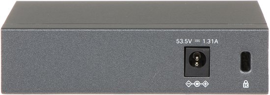 Achterkant van een TP-Link switch met stroomaansluiting (53.5V = 1.31A).