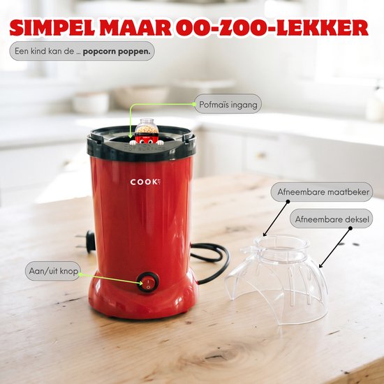 COOK-IT Popcornmaker - Popcornmachine - Zonder Olie - Hete Lucht - Verse Popcorn in 2 Minuten - 800W - Inclusief Maatbeker - Rood — afbeelding 3