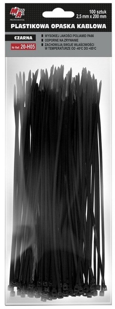 MA Professional - Kunststof Kabelbinders - Zwart - 2,5mm x 200mm - 100 stuks