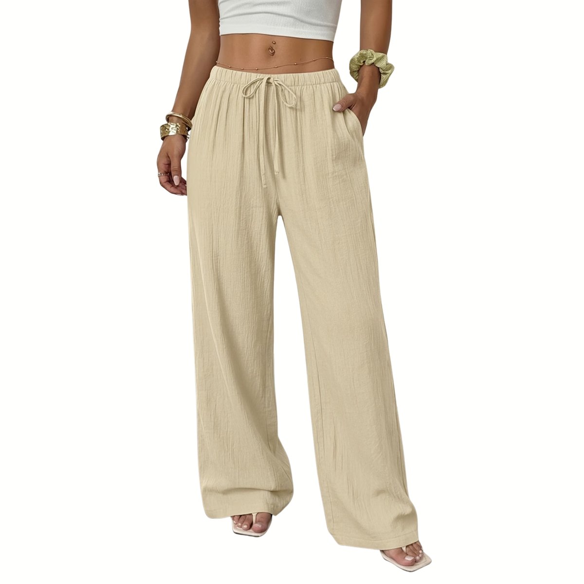 Currero Linnen Broek Dames - Zomerbroek - Volwassenen - Lange Broek - Pantalon - Strandbroek - Zomer - Ibiza Stijl - Khaki XL