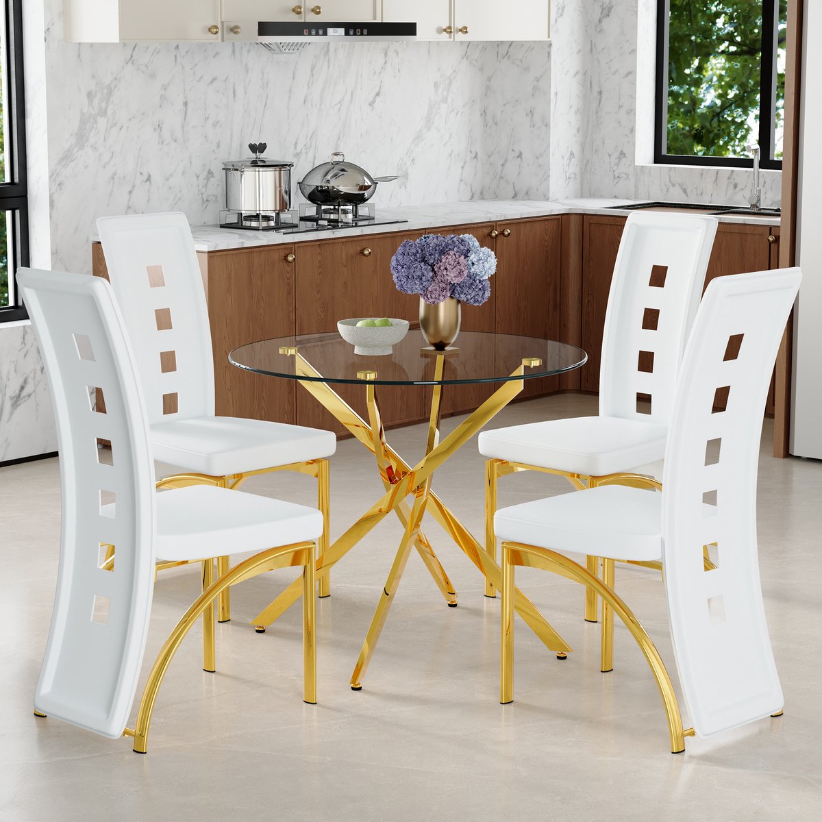 Ronde Glazen Eettafel Set 88 Cm Met 4 Stoelen - Modern Design Voor Kleine Ruimtes - PU Leer En Metaal - Wit Goud