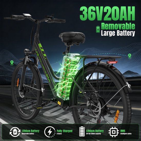 WITAMBIKE C26 pro Elektrische Fiets - 26 inch - Max 25km/u - 250W - 36V 20Ah - 100km - Shimano 7-Speed- Zwart — afbeelding 4