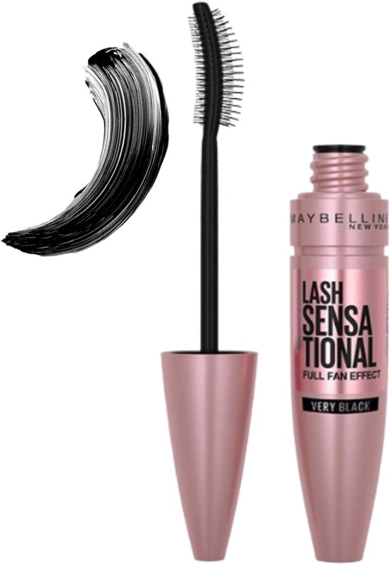 Roze mascara verpakking met kwastje en zwarte veeg mascara.