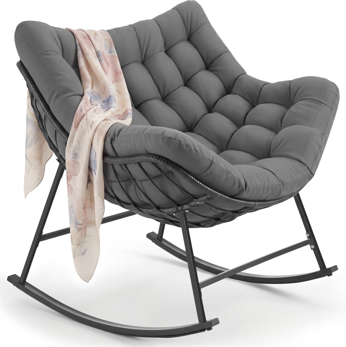 tectake® Wicker Schommelstoel - Voor Binnen en Buiten - Gestoffeerd - Stikpatroon - Stalen Frame - Met Comfortabel Zitkussen - Fauteuil - Loungestoel - Tuinstoel - Relaxstoel - Draagkracht 120kg - Weerbestendig - Antraciet