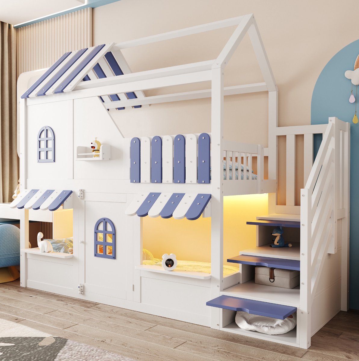 MEUNIQ Kinder stapelbed 90 x 200 cm met huisvormig ontwerp, dak, ramen, opbergtrap, planken, LED-verlichting en veiligheidshek voor kinderkamer in wit en blauw