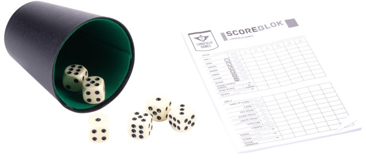 Dobbelset Compleet - Pokerbeker - 5 Dobbelstenen 16 mm - Scoreblok 25 Vellen - Complete Spelset - Engelhart — afbeelding 11