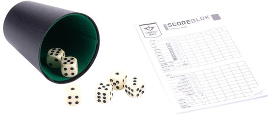 Dobbelset Compleet - Pokerbeker - 5 Dobbelstenen 16 mm - Scoreblok 25 Vellen - Complete Spelset - Engelhart