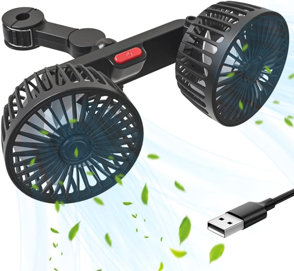 Autoventilator, USB-ventilator, 5 V, 2 A, met 3 snelheden, voor achterbank, passagiers, 360 graden draaibaar, ventilator met twee koppen, voor voertuigen zoals sedan, SUV, camper