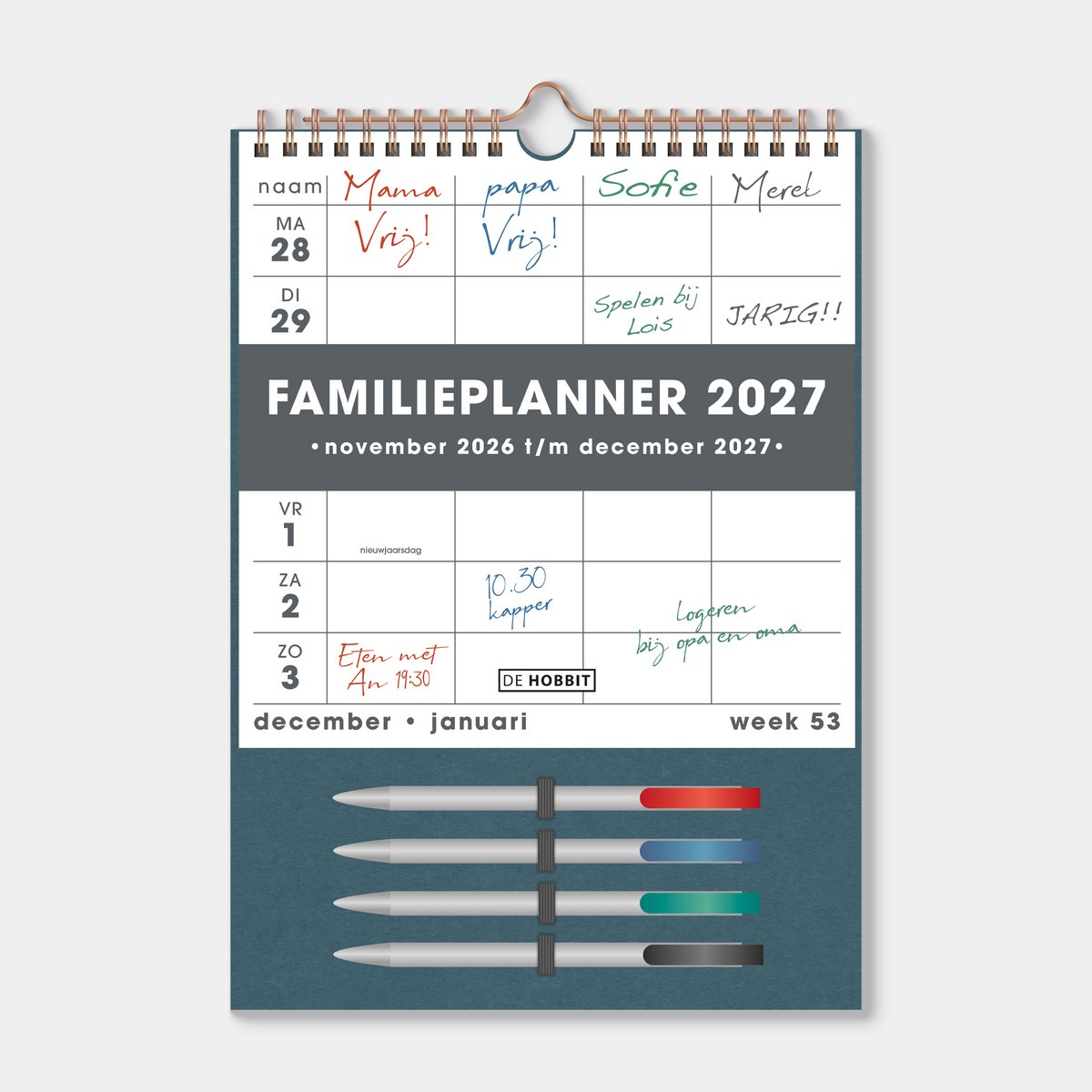 Hobbit - Familieplanner 2027 - A4 (30 x 21.5 cm) - 1 week op 1 pagina - Familiekalender met 4 gekleurde pennen - 4 personen - Teal