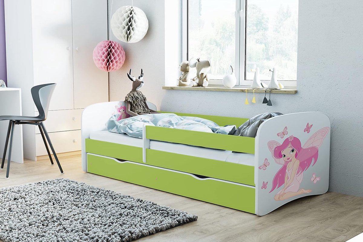 Kinderbed - Eenpersoons bed - Veilig slapen - Verwijderbaar veiligheidsrek - 164 cm - Groen