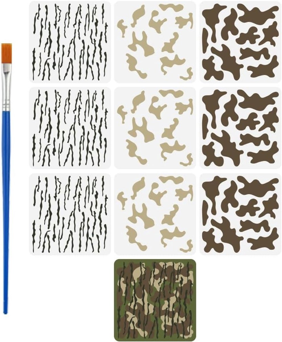 Set van 9 Herbruikbare Camouflage Sjablonen met Kwast, 30x30cm, Perfect voor Houtschilderen en Creatieve Projecten