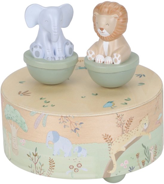 Houten muziekdoos met safari dieren print. Een leeuw en olifant zitten bovenop.