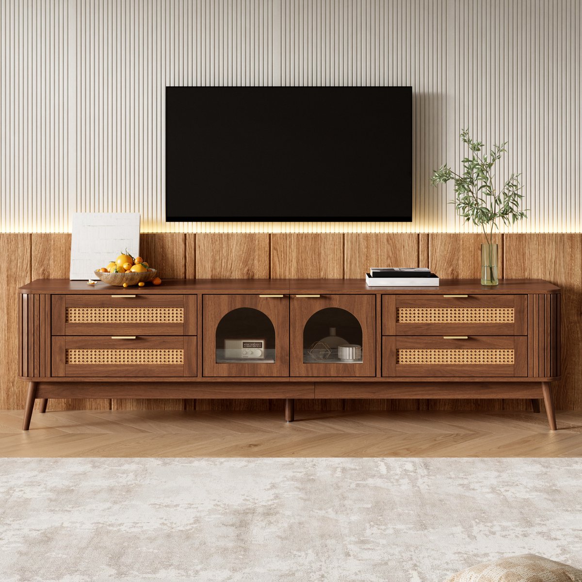 VVBV TV-Meubel 180 cm - Walnoot Lowboard met App-LED, 4 Lades, Gehard Glazen Deuren, Houten Poten, Opbergruimte, Dressoir