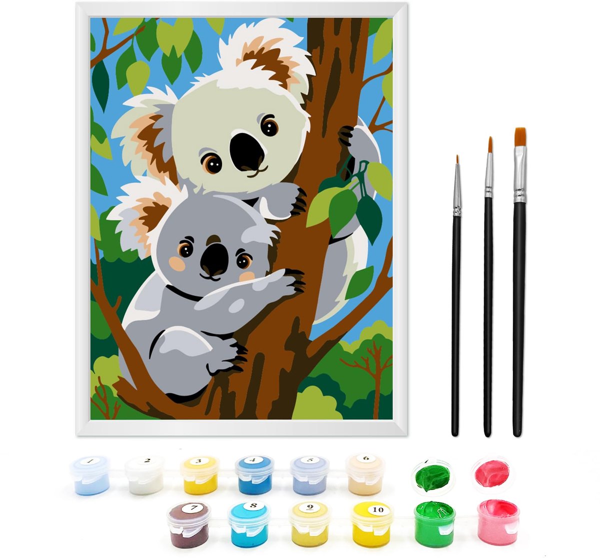 SnelShoppen - Schilderen op Nummer voor Kinderen 5-7 Jaar, Koala's, Inclusief Lijst, 3 Penselen en Acrylverf, 18x24 cm, Creatief Cadeau voor Meisjes e