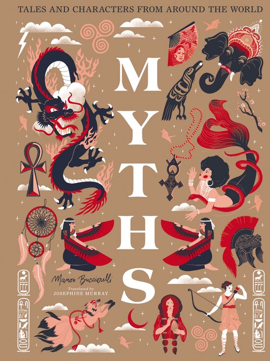 Boekomslag met de titel 'MYTHS' in grote letters, omringd door illustraties van mythische wezens zoals een draak, olifant, zeemeermin en adelaar.