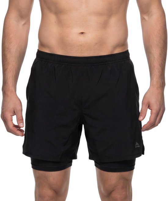 Zwarte sportbroek voor heren, nauwsluitende pasvorm, met ingebouwde binnenbroek.