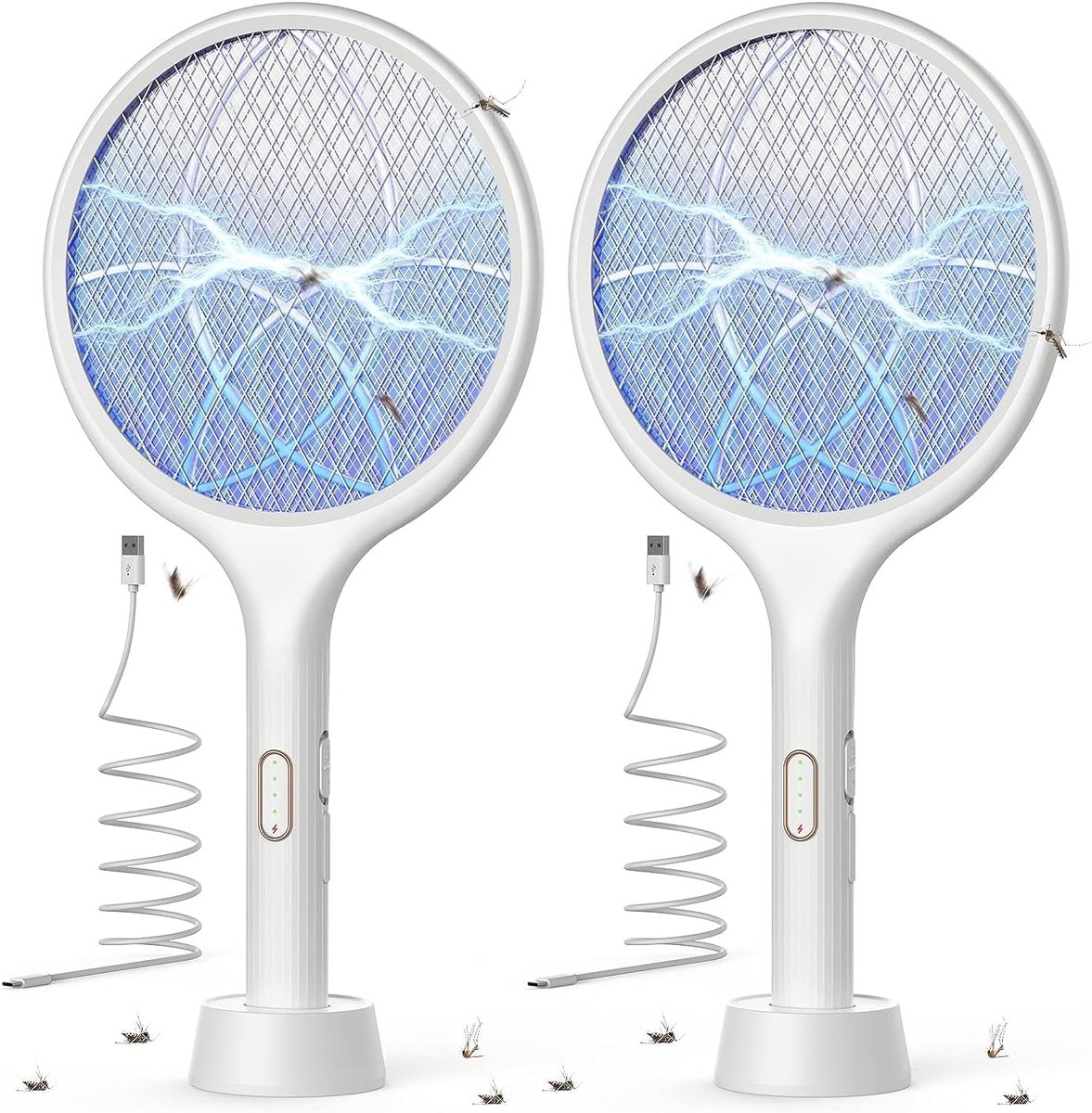 SnelShoppen - Elektrische Vliegenmepper 2 Stuks, Extra Sterk 4000 V, Oplaadbaar Type C, UV-Lichtval, Wit voor Tuin, Camping en Binnengebruik