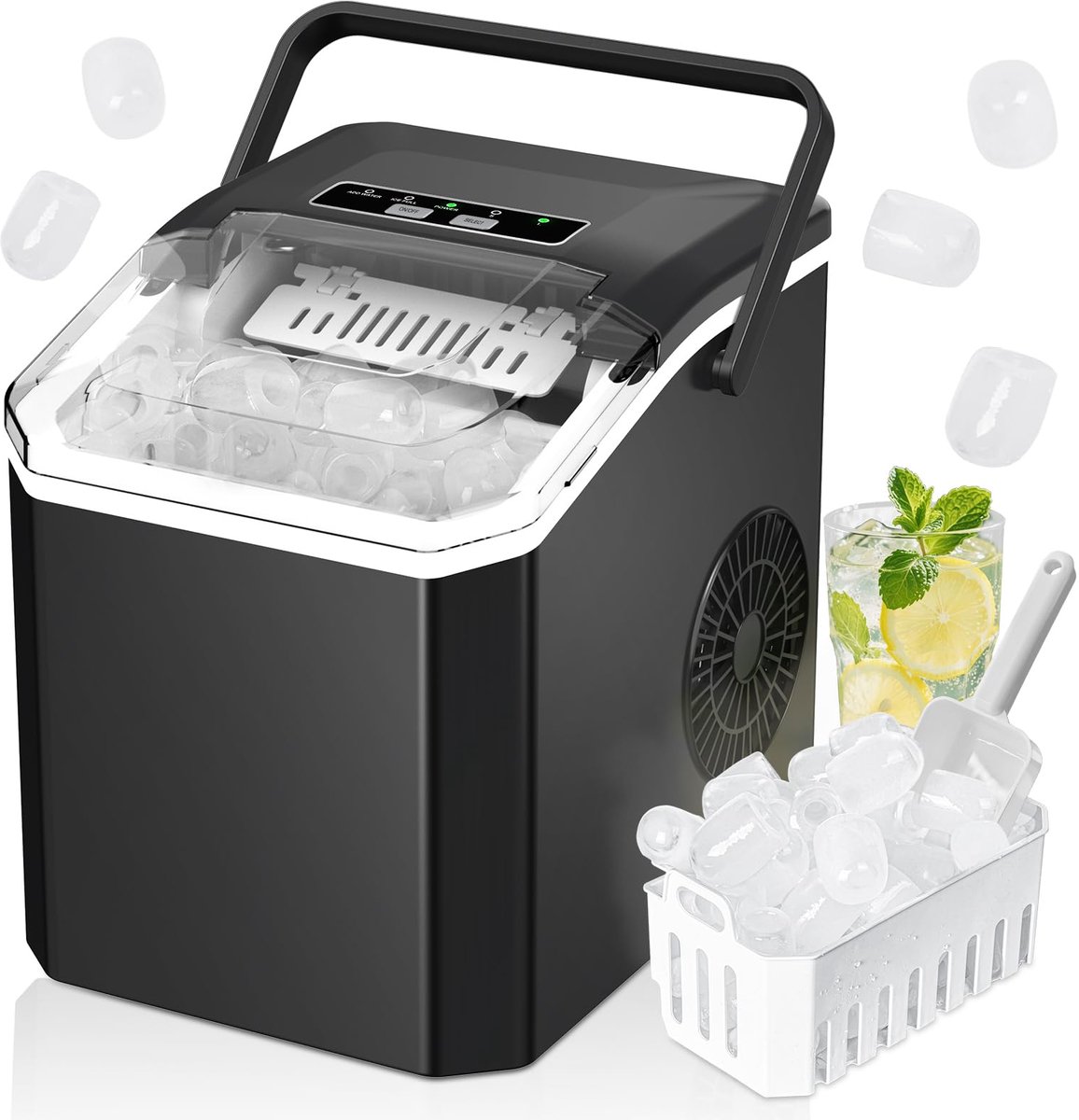 SnelShoppen - IJsblokjesmachine voor Thuis, 9 IJsblokjes in 6 Minuten, 14 kg per Dag, Draagbare Kogelijsmaker, Zelfreinigend, Zwart, Ideaal voor Feest