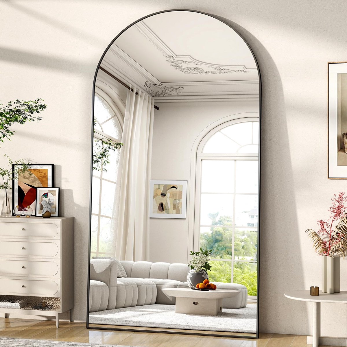 SnelShoppen - Grote Boog Full-Body Spiegel 200 x 90 cm, Staande en Hangende Vloerspiegel, Zwarte Gebogen Spiegel voor Slaapkamer, Woonkamer en Kleedka