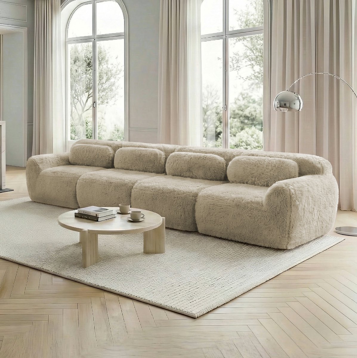 COVREO 4-zits bank 378 x 104 x 73 cm - licht kaki, pluche stof, met kussens
