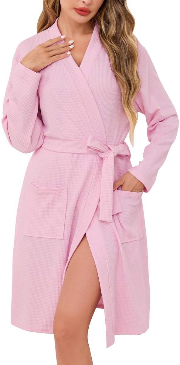 SnelShoppen - Luxe Dames Ochtendjassen Wafel Korte Badjas Lichtgewicht Zachte Loungewear Nachtkleding Spa en Hotel voor het Hele Jaar S-3XXL Lichtroze