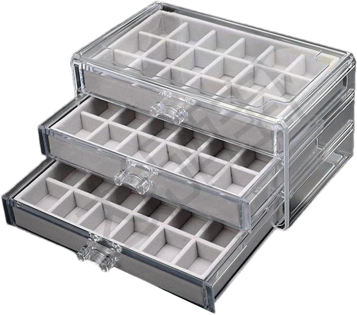 Vitrine Box - Verzamelbox Opbergdoos - Mineralen Presenteren - 3 Laden Fluweel - 23.7 x 15.5 x 10.8 cm - Grijs