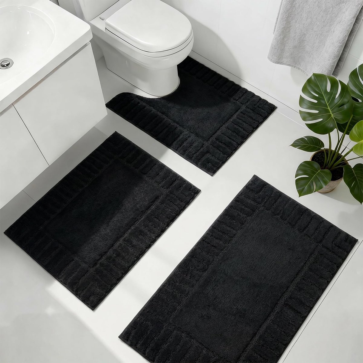 SnelShoppen - Badkamertapijt Set van 3 Stuks, Antislip en Wasbaar, Zachte en Absorberende Badmat en WC-Mat, Zwart, Ideaal voor Badkamer en Toilet