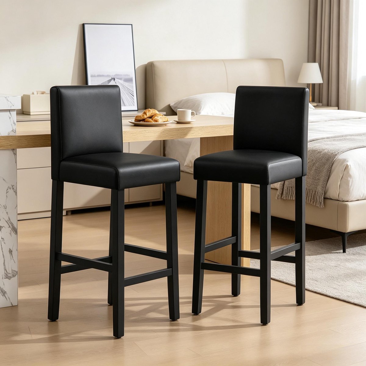 OKWISH Barkruk Set Van 2 - Met Hoge Rugleuning En Zachte Zitting - Voor Keuken, Bar En Restaurant - Kunstleer En Hout - Zwart