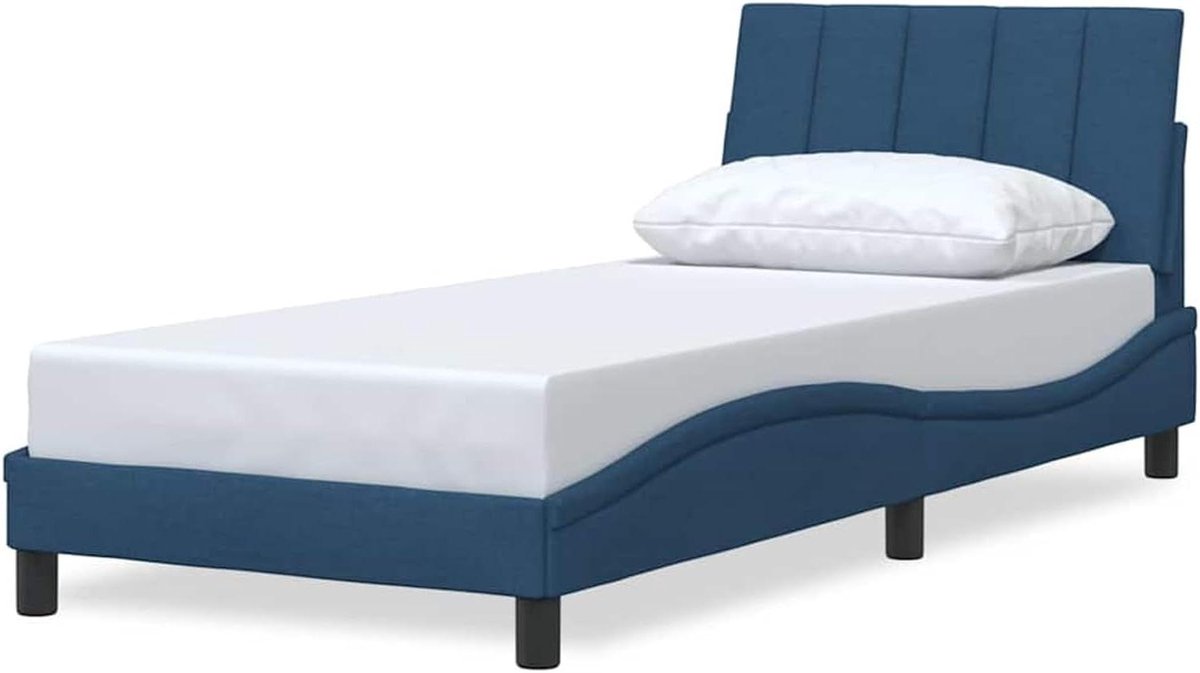 Bedframe met hoofdbord - Bedonderstel Stoffen - Slaapkamer Inrichting - Modern Golfdesign - 90 x 200 cm - Blauw