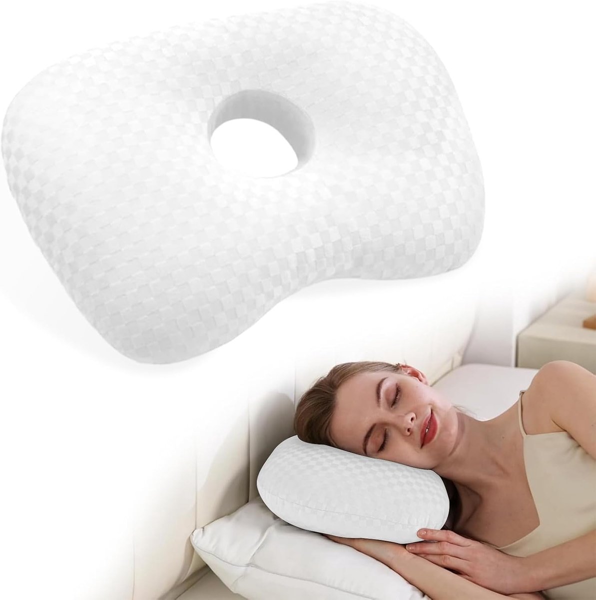 SnelShoppen - Ergonomisch Piercingkussen met Gat voor Oor, Verstelbaar Katoen en Polyester, Verlicht Oorpijn en Druk, Ideaal voor Slapen op Zij, Gesch