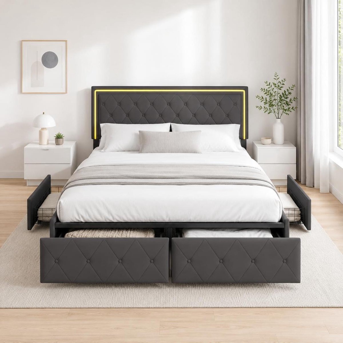 Gestoffeerd Bed - Tweepersoonsbed - Slaapkamer Opbergen - 4 Laden Ingebouwd - 140x200cm - Donkergrijs